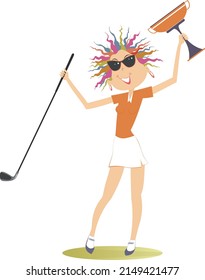 Young golfer woman on the golf course illustration. 
Happy golfer woman in sunglasses holds a golf club and a winner cup isolated on white background
