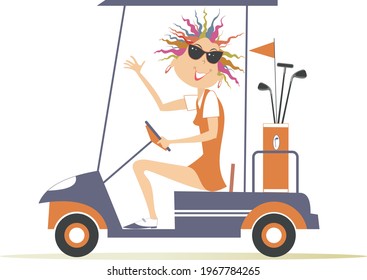 Young golfer woman ride on the golf cart car illustration.
Smiling pretty young woman in sunglasses is going to play golf in the golf cart car isolated on white
