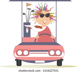 Young golfer woman ride on the golf cart car illustration. Smiling pretty young woman in sunglasses is going to play golf in the golf cart car isolated on white