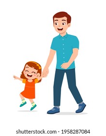 young good looking father holding hand and walk with kid