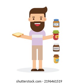 Young good looking man eat bread and drink mik