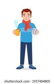 young good looking man feel sick and take medicine
