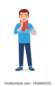 young good looking man feel sick and take medicine