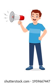 young good looking man holding megaphone and scream