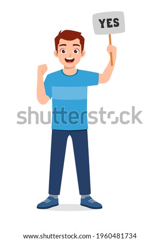 young good looking man holding board said yes
