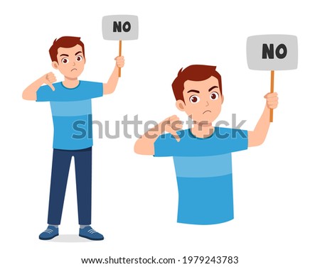 young good looking man holding board said no