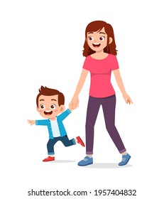 young good looking mother holding hand and walk with kid