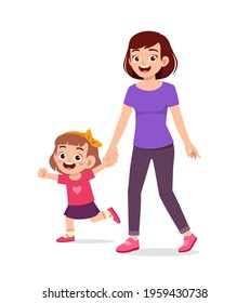 young good looking mother holding hand and walk with kid