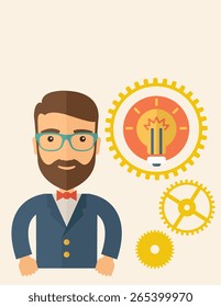 A young good looking, smart hipster Caucasian man with beard thinking a new bright idea, a different kind of imagination  inspired by bulb shape. Human intelligence concept.A contemporary style 