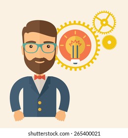 A young good looking, smart hipster Caucasian man with beard thinking a new bright idea, a different kind of imagination inspired by bulb shape. Human intelligence concept. A contemporary style
