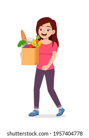 young good looking woman carry bag full of grocery