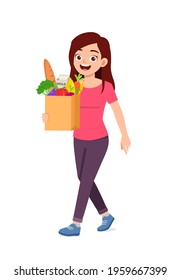 young good looking woman carry bag full of grocery