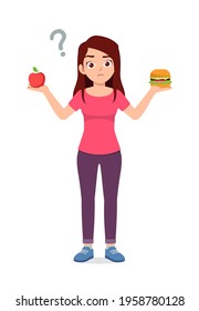 young good looking woman choose healthy food or junk food