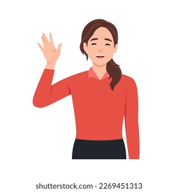 young good looking woman doing greet pose and say hi. Flat vector illustration isolated on white background