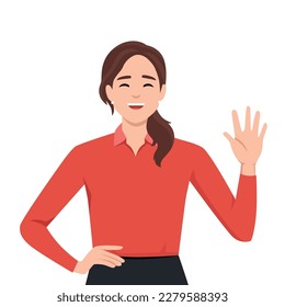 Joven mujer de buen aspecto haciendo una pose de saludo y saludando mientras sonríe. Ilustración vectorial plana aislada en fondo blanco