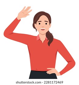 young good looking woman doing greet pose and say hi. Flat vector illustration isolated on white background