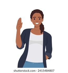 young good looking woman doing greet pose and say hi. Flat vector illustration isolated on white background