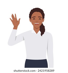 young good looking woman doing greet pose and say hi. Flat vector illustration isolated on white background