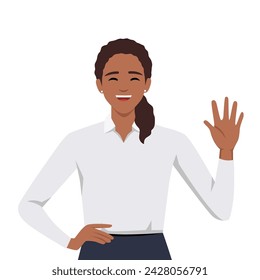 Young good looking woman doing greet pose and say hi and hello while smiling. Flat vector illustration isolated on white background