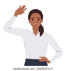 young good looking woman doing greet pose and say hi. Flat vector illustration isolated on white background