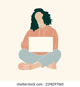 Junge, gut aussehende Frau mit Laptop und Arbeit. Freelance, Online-Bildungskonzept. Vektorgrafik einzeln auf Weiß.