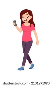 young good looking woman walking and using phone