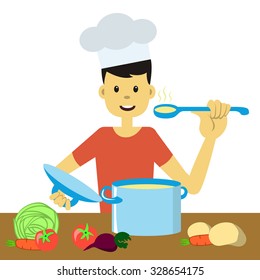 Young good-looking man in chef hat cooking vegetables and tasting hot food. Vector illustration. Flat design, cartoon style. Man in the kitchen. Concept for stay-at-home dad doing domestic chores.