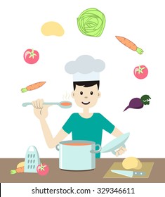 Young good-looking man in chef hat cooking vegetables and tasting hot food. Vector illustration. Flat design, cartoon style. Man in the kitchen. Concept for stay-at-home dad doing domestic chores.