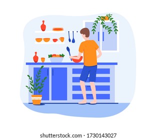 Young good-looking man cooking vegetables. Vector illustration. Flat design, cartoon style. Man in the kitchen. Concept for stay-at-home and doing domestic chores. Food blogger.