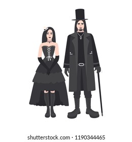 Young goth man and woman with long hair dressed in black clothing standing together. Boyfriend and girlfriend. Gothic counterculture or subculture. Colorful vector illustration in flat cartoon style.