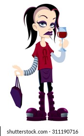 young gothic man with glass of wine and handbag-coffin - halloween party vector  illustration