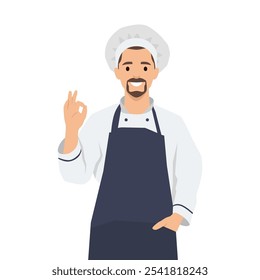 Young gourmet chef giving an okay sign. Flat vector illustration isolated on white background