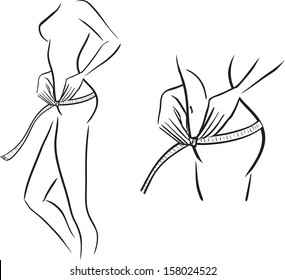 Young graceful beautiful woman measures the size of buttocks by a tape. Vector one color image drawing with black lines/Series woman and tape - Measuring size of buttocks 