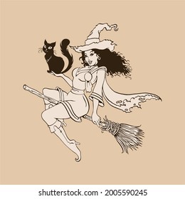 А young graceful witch flying on a broom and holding a cat in her hands. Hand drawn Halloween vintage style vector illustration.