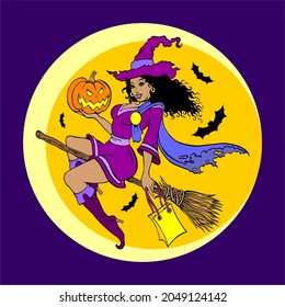 А young graceful witch flying on a broom and holding a pumpkin in her hands. Hand drawn Halloween vintage style vector illustration.