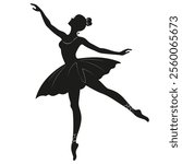 Young graceful woman ballet dancer vector illustration. Beautiful young ballerina standing in ballet pose. Black female silhouette.