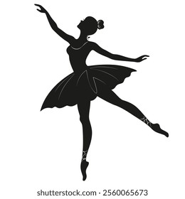 Young graceful woman ballet dancer vector illustration. Beautiful young ballerina standing in ballet pose. Black female silhouette.