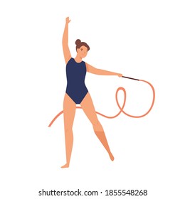 Young graceful woman doing professional rhythmic gymnastics. Gymnast performer in leotard doing elegant exercise with ribbon. Flat vector cartoon illustration of sportswoman isolated on white