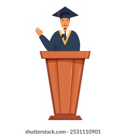 Young graduate in academic dress standing behind a wooden lectern, gesturing with his hand while giving a speech