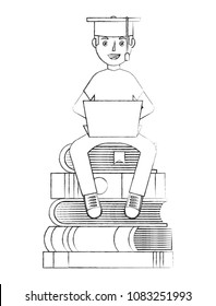 young graduate boy sitting on a stack of books