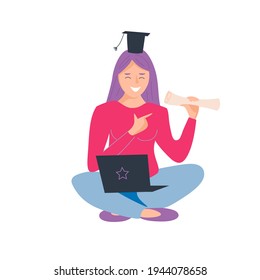 A young graduate girl celebrates her graduation party online. A long-haired girl sits and communicates in zoom on her laptop. Vector illustration isolated on a white background