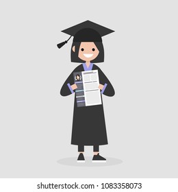 Young graduate holding a CV. Looking for a job after University. Labor market. Flat editable vector illustration, clip art