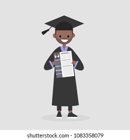 Young graduate holding a CV. Looking for a job after University. Labor market. Flat editable vector illustration, clip art
