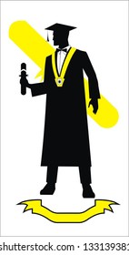 young graduate holding a diploma, full body silhouette combine with ribbon and diploma icon.