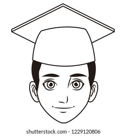 young graduate man cartoon in black and white