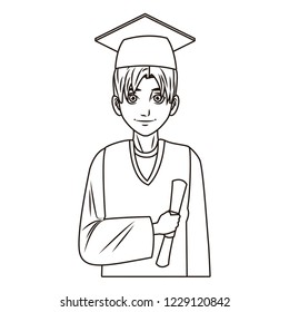 young graduate man cartoon in black and white