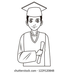 young graduate man cartoon in black and white