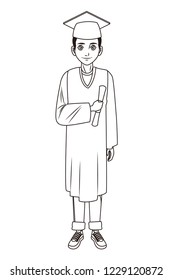 young graduate man cartoon in black and white