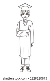 young graduate man cartoon in black and white