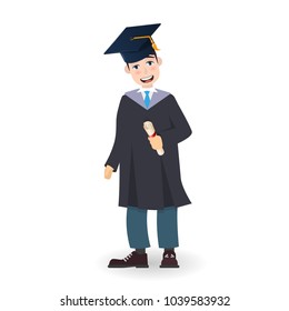 A young graduate man holding certificate or diploma scroll. Cartoon charcter illustration